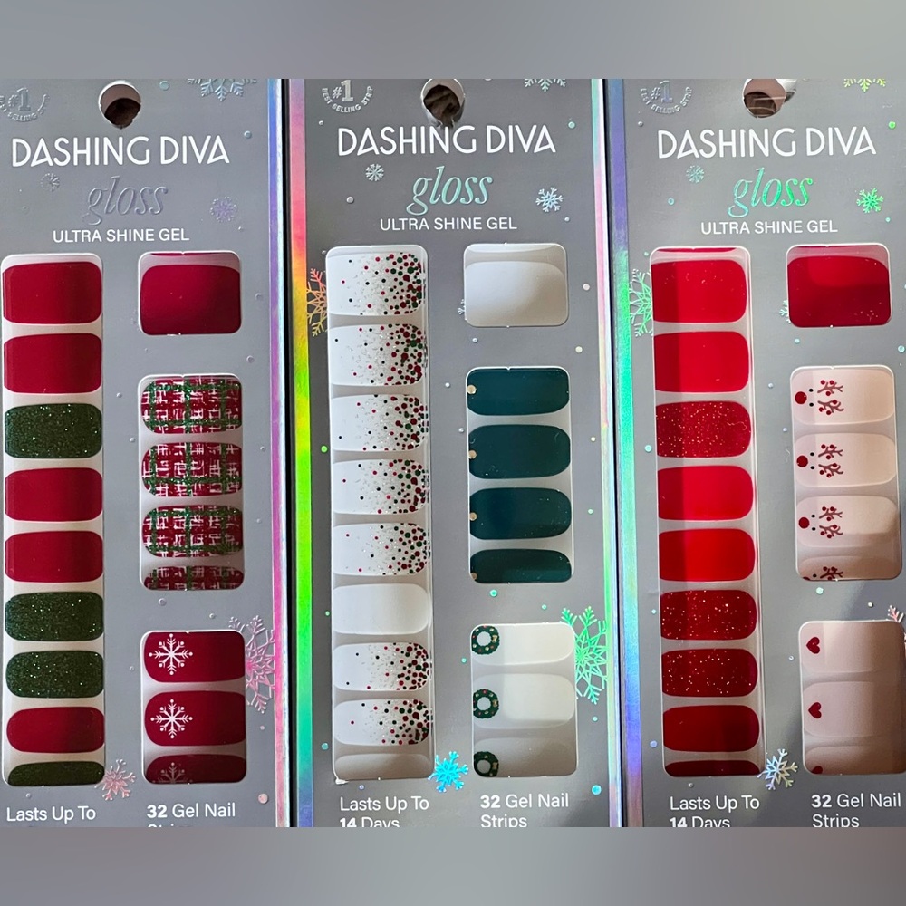 Set/3 New Dashing Diva Gloss Ultra Shine Gel Nail Strip Christmas Tree Ornament